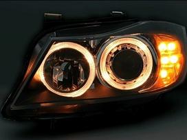 BMW 3 serija dalimis. Priekiniai tuning žibintai su angel eyes juodi arba švie