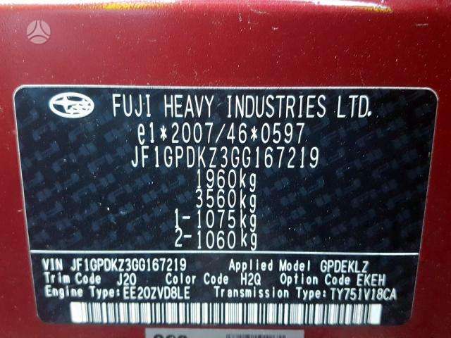 Subaru XV Dalimis is anglijos engine type ee20zvd8le gearbox type ty751