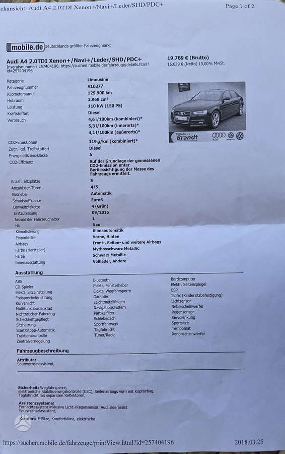 Audi A4, 2.0 l., Седан