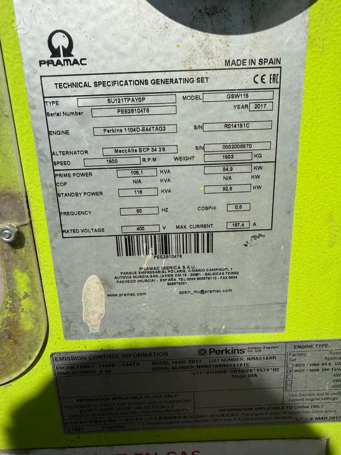 Pramac GSW115P, elektroģenerators