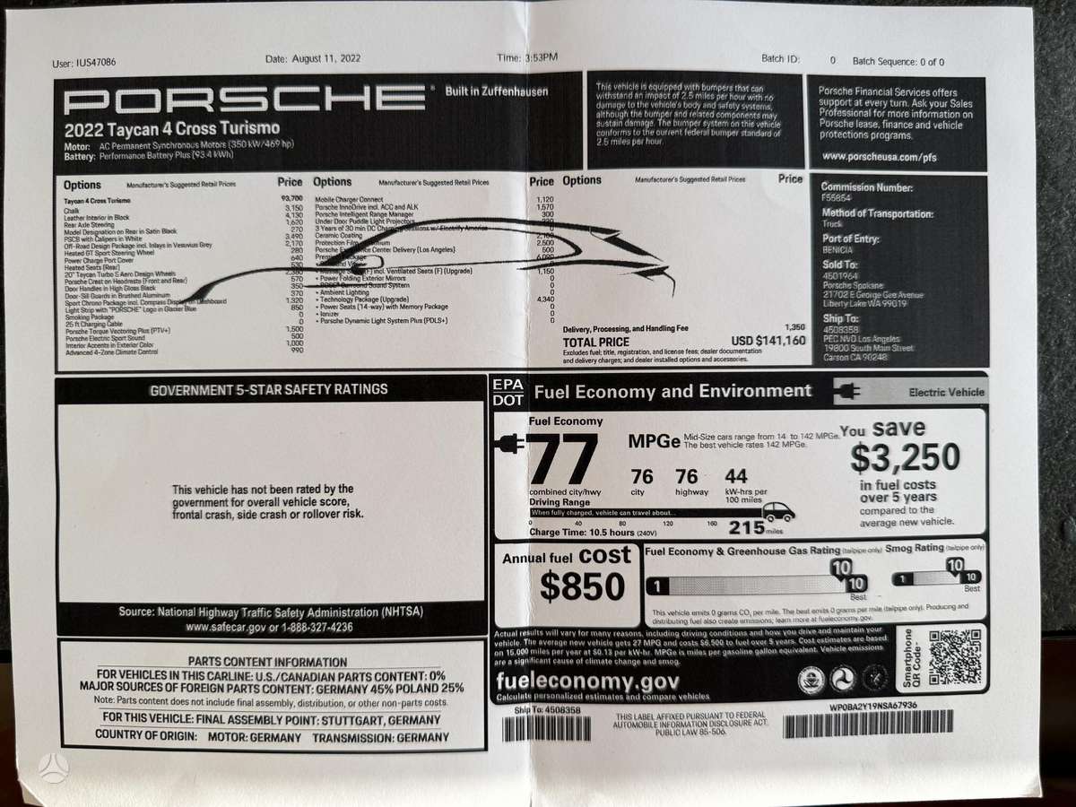 Porsche Taycan, 93 кВт·ч, Универсал